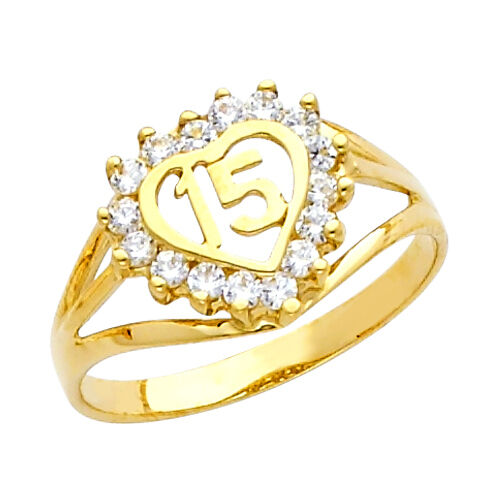 14K Gold Sweet QuinceaÃ±era 15 AÃ±os Dainty Ring with 16 Clear Cubic Zirconia