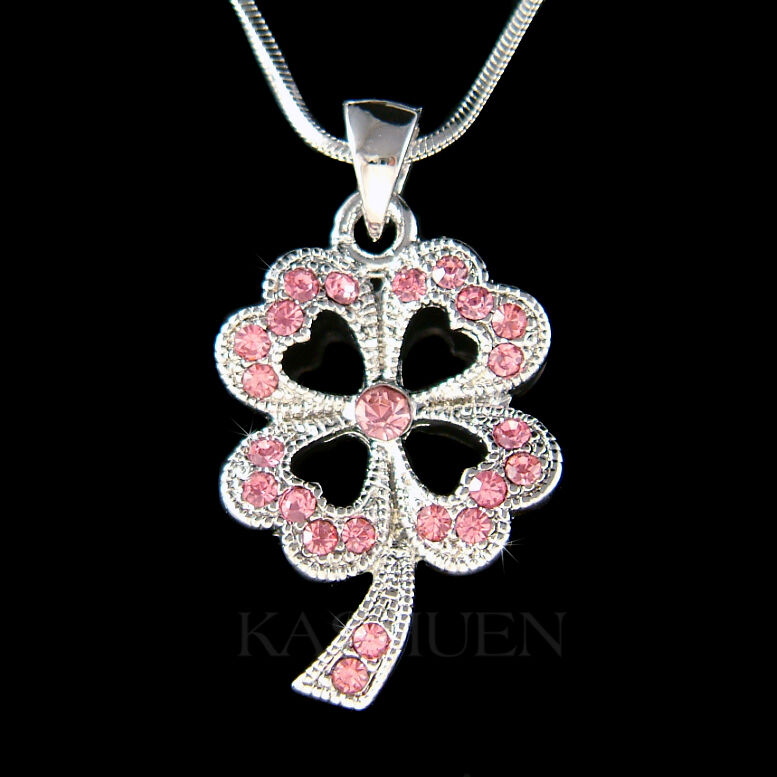 ~Pink 4 Leaf Clover~ made with Swarovski Crystal Shamrock Irish Necklace Jewelry