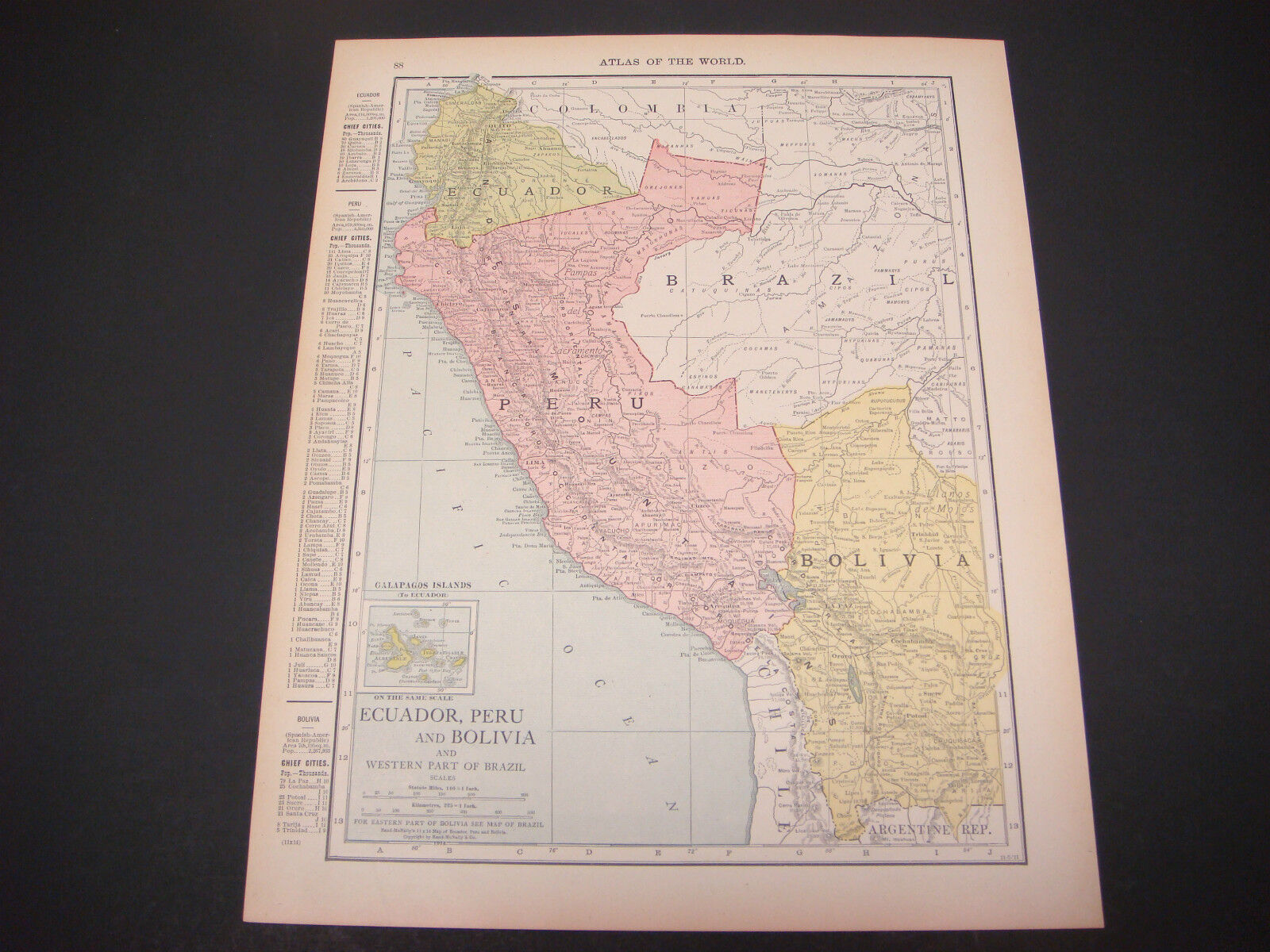 1914 Rand McNally Atlas Map Page Ecuador / Chile Nice Color Suitable To Frame