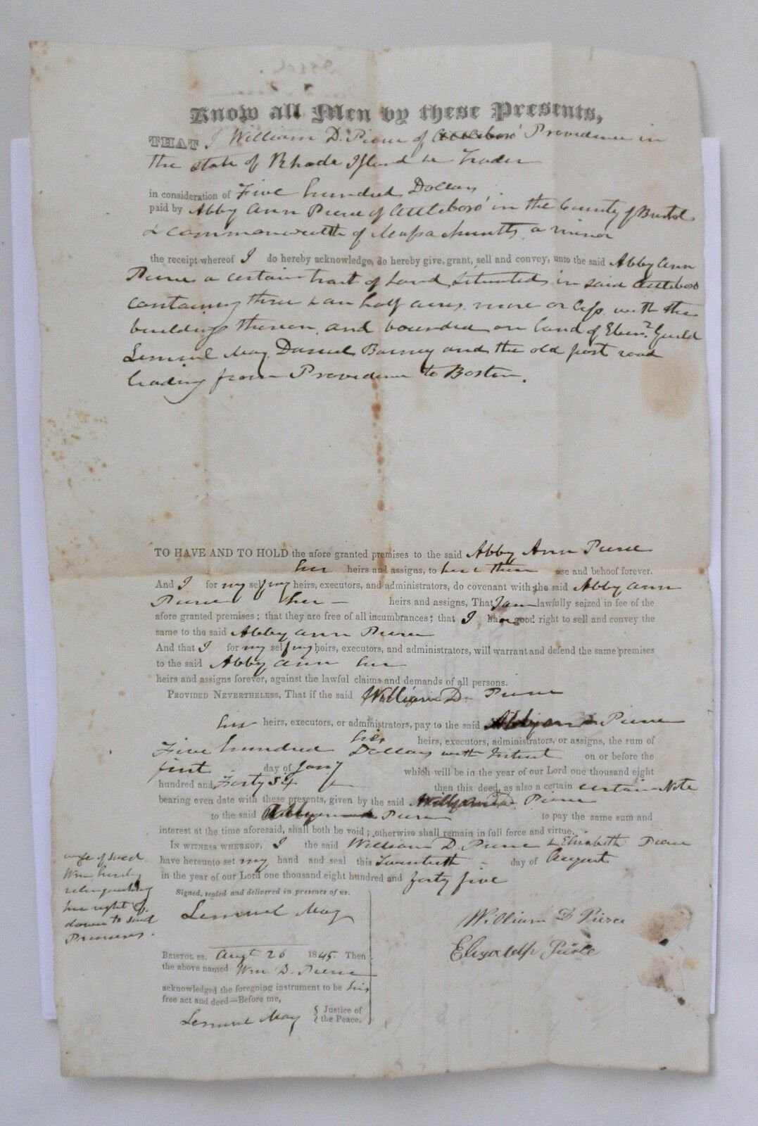 1845 Land Transfer Deed in Rhode Island~~Mentions Attleboro, Providence, Bristol