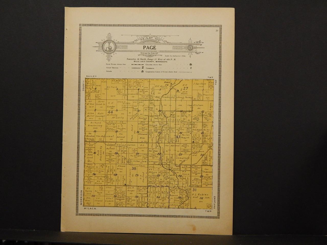 Minnesota Mille Lacs County Map Page Township 1914 Dbl pg Y7#42