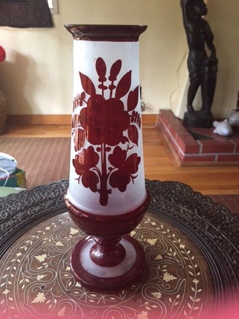 Antique Tall Copper Luster Ware Footed Vase w Frosted Glass Flowers Bird 11 3/4\