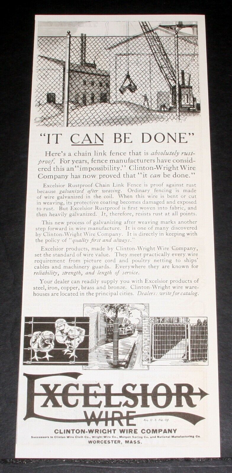 1919 OLD MAGAZINE PRINT AD, EXCELSIOR WIRE, FOR A RUSTPROOF CHAIN LINK FENCE