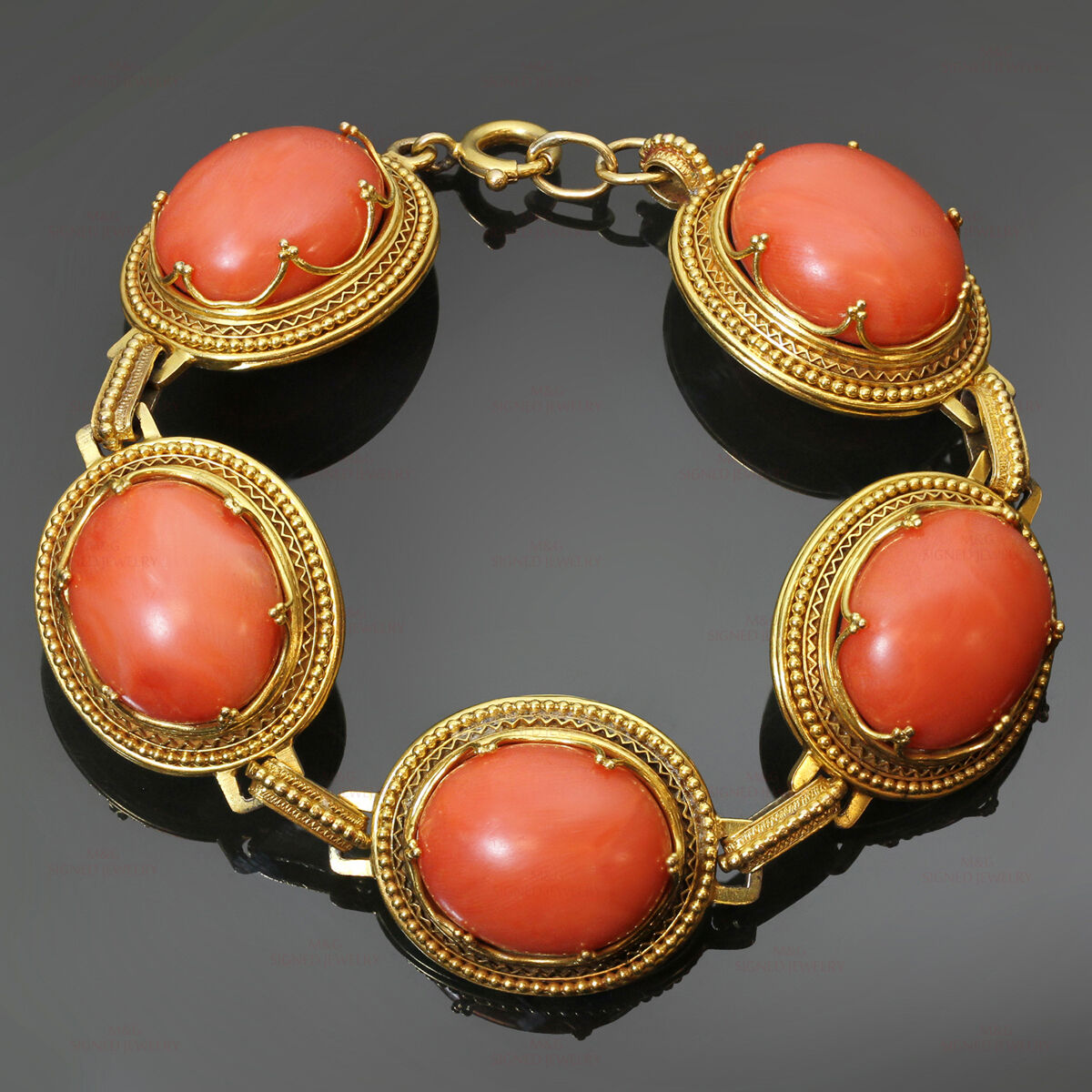 1900s Victorian Natural Red Coral Yellow Gold Filigree Link Bracelet