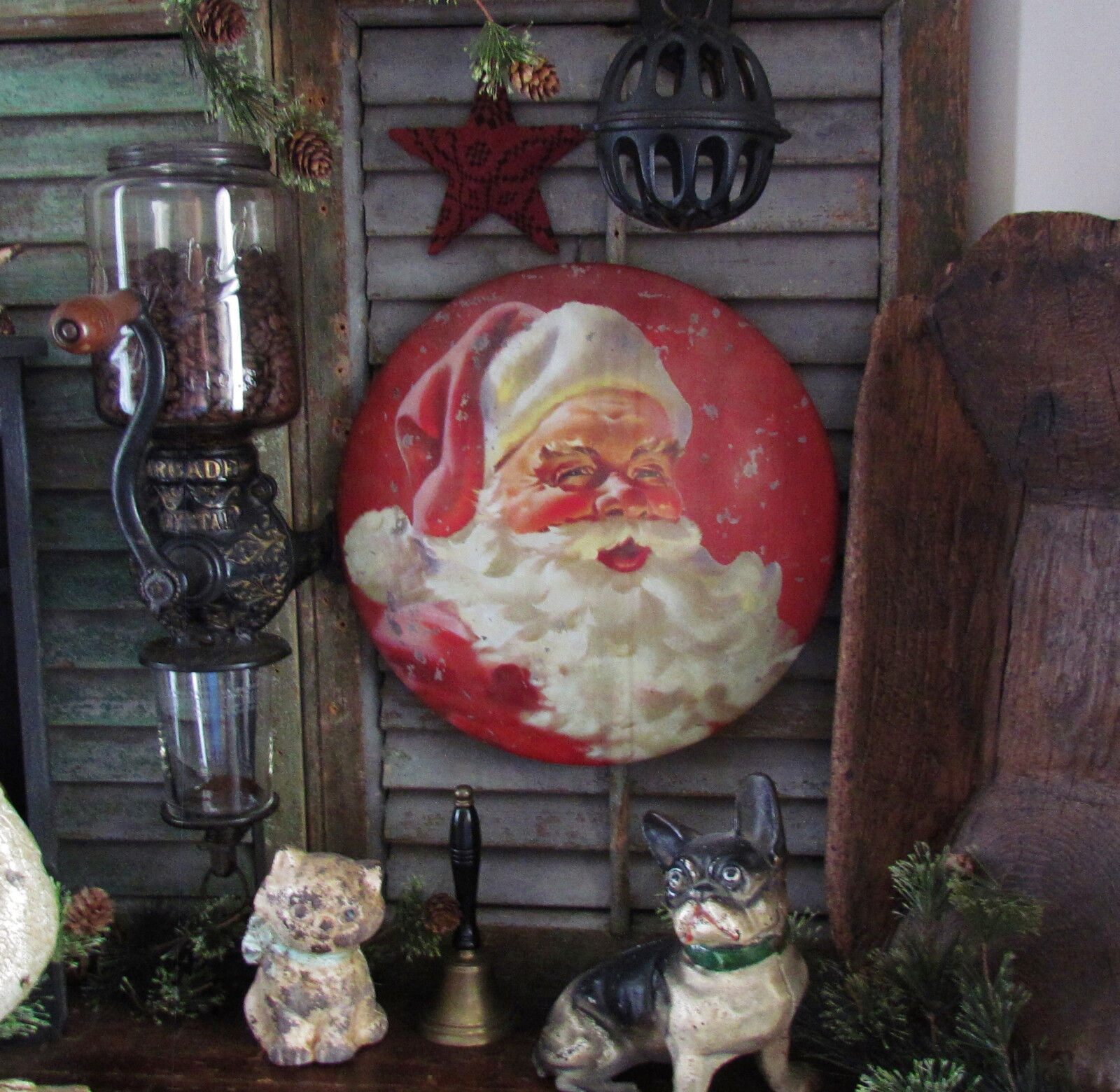 Primitive Antique Vtg Style Retro Red Santa Claus Christmas Round Dome Sign Tin