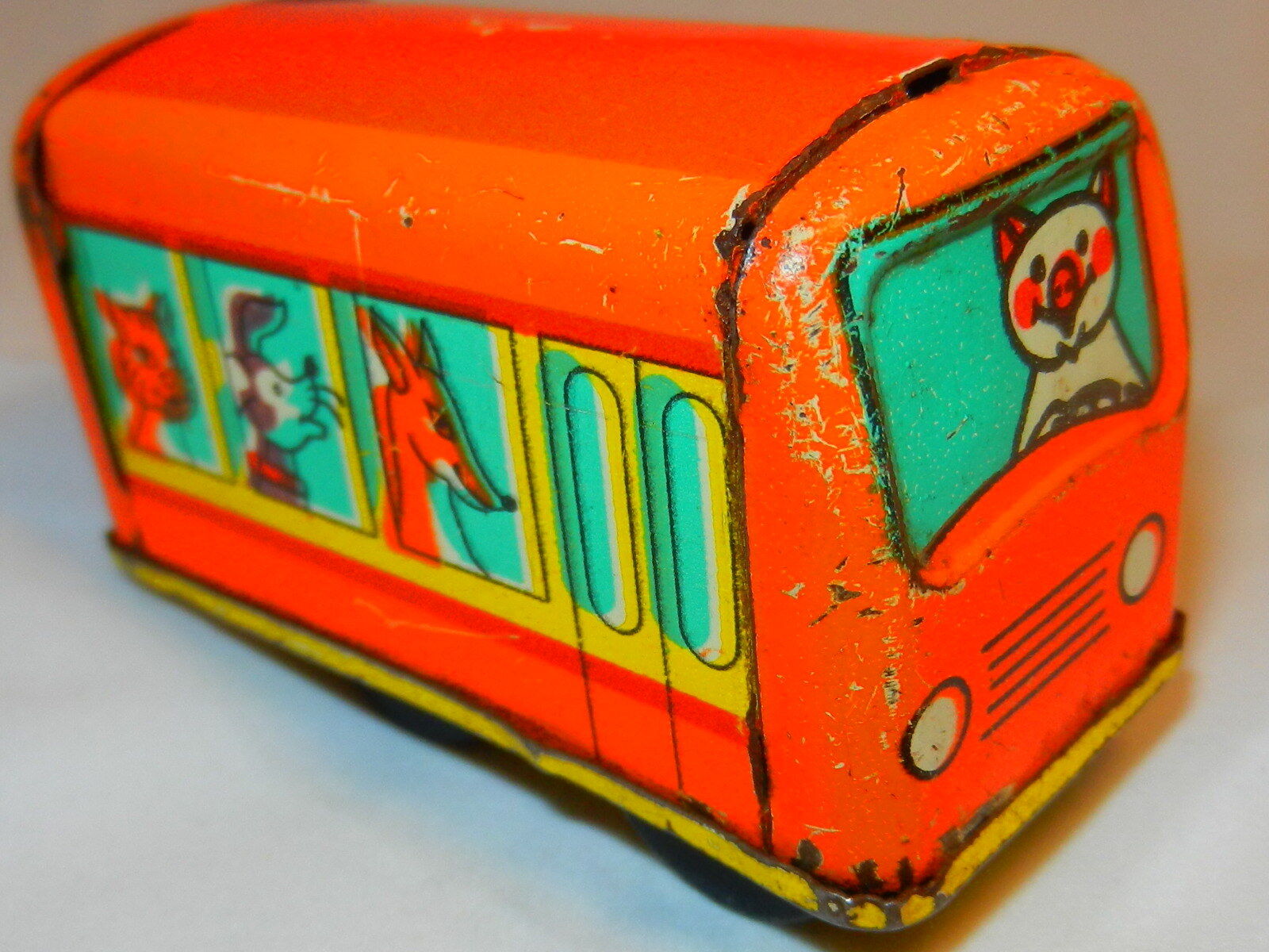 VINTAGE Russian Soviet USSR TIN TOY metal CAR Bus animals red Doll House cat old