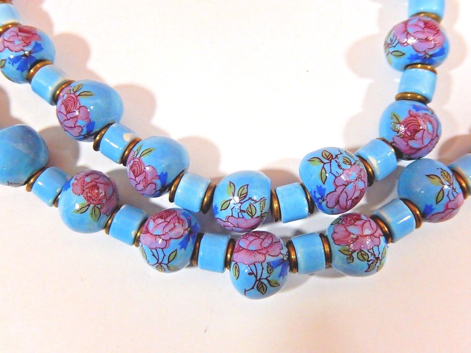 CHINESE EXPORT HAND PAINTED ROSES ASYMMETRIC BLUE PORCELAIN BEAD 30\