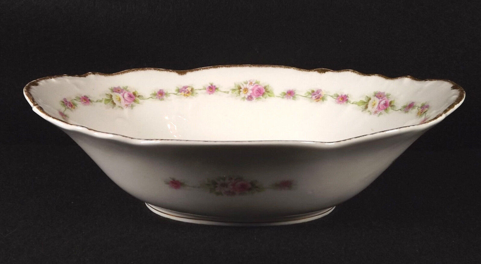 Limoges Elite Works Oval Bowl Pink Roses Brushed Gold Trim France Porcelain