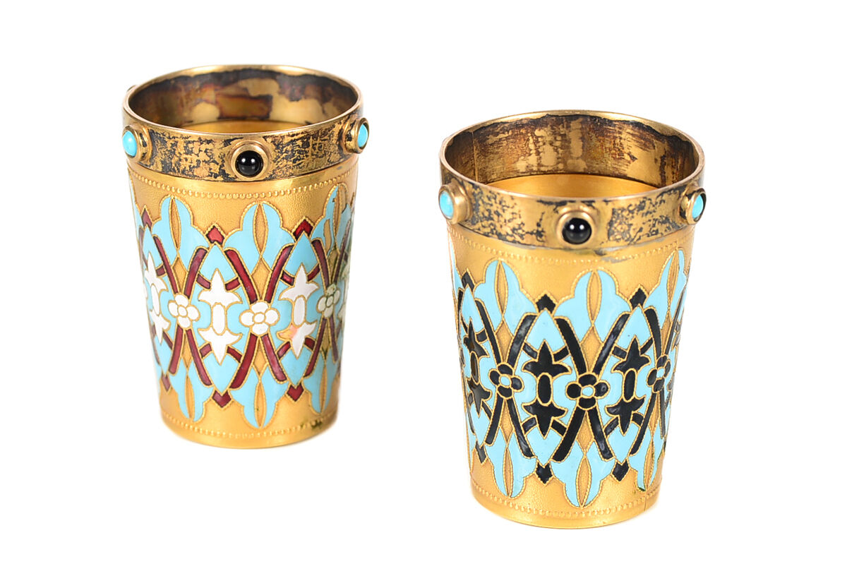Pair of Antique Russian Silver Gilt & Enamel Shot Glasses -Signed 