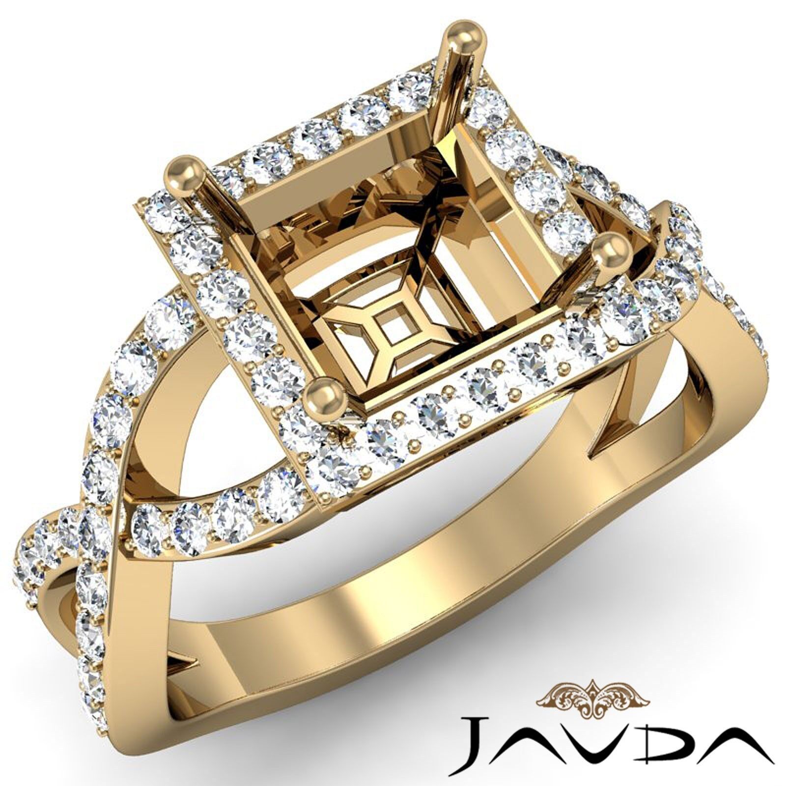Princess Semi Mount 0.68Ct Diamond Engagement Halo Pave Set 14k Yellow Gold Ring