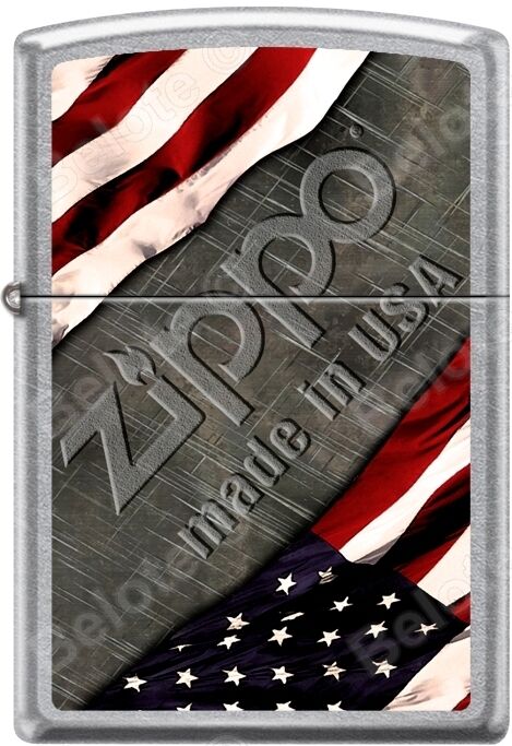 Zippo American Flag with Steel Background Made In USA Satin Chrome Lighter NEW
