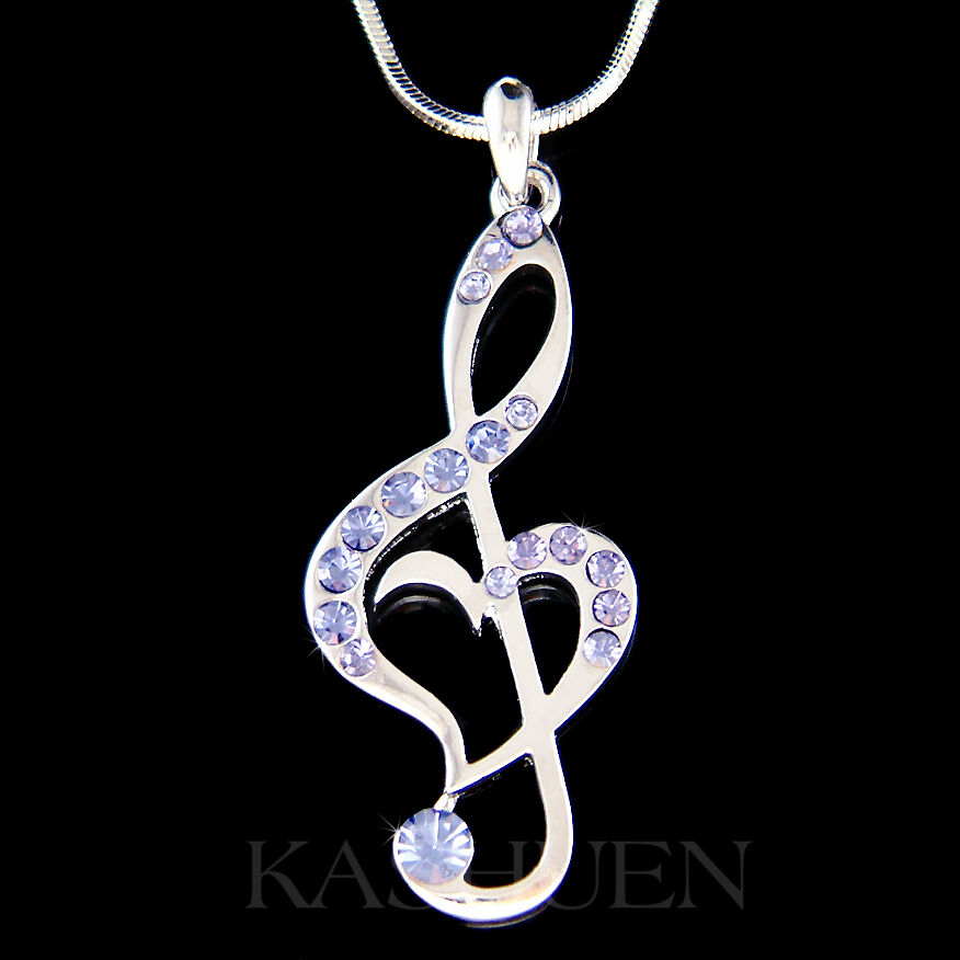 ~Purple TREBLE G CLEF Heart made with Swarovski Crystal MUSIC NOTE Necklace Cute