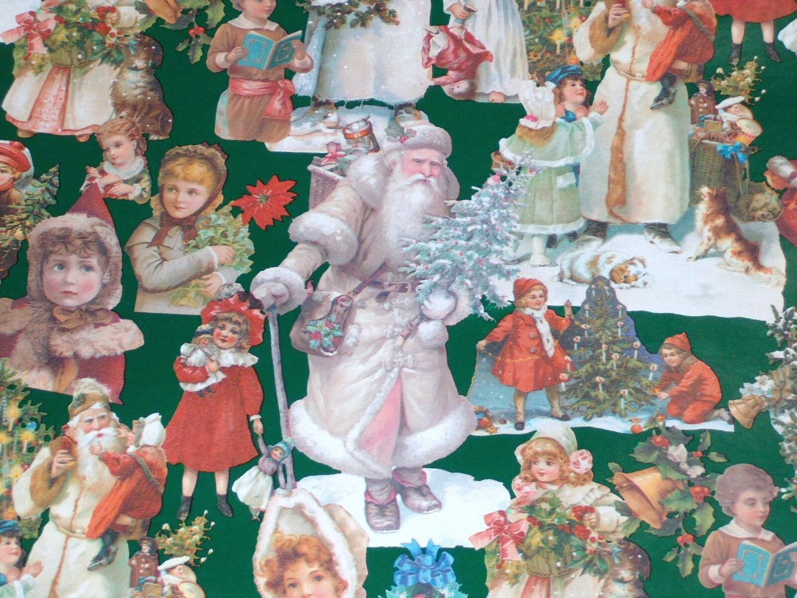 VTG CHRISTMAS WRAPPING PAPER GIFT WRAP 2 YARDS VICTORIAN SANTA & CHILDREN TREES