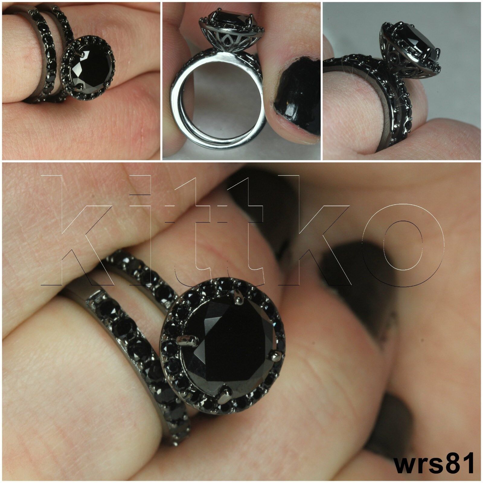 Beautiful Womens Black Nickel Free Solid 925 Silver Engagement Bridal Ring Set