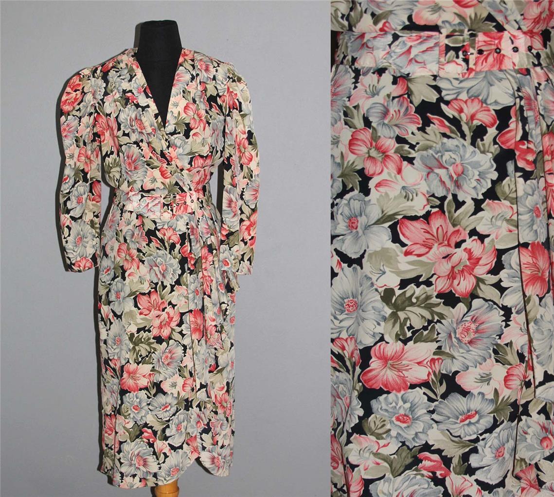 VTG Dawn Joy Hibiscus Floral Pleated V-Neck Shoulders Side Ruffles Dress Wms 5/6