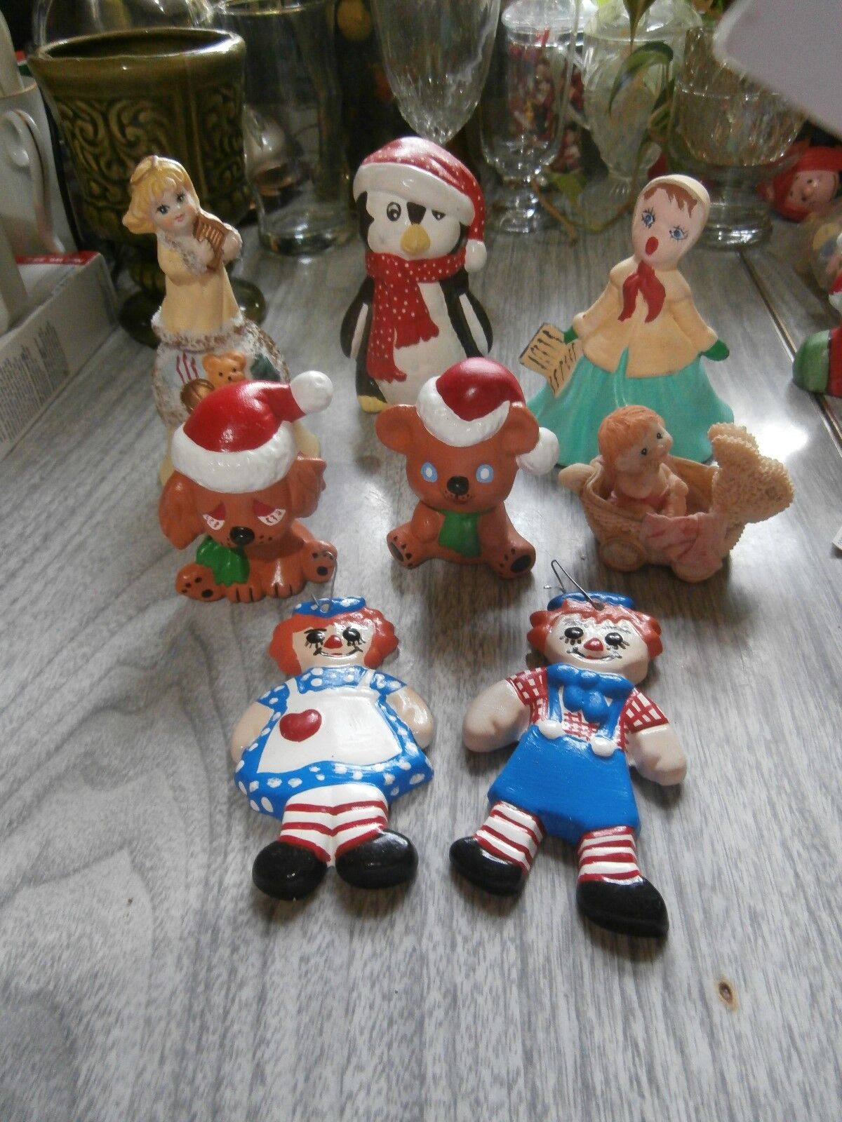 Misc Ceramic Xmas Figures Plus HomeMade Raggedy Ann Andy Ornaments Penguin