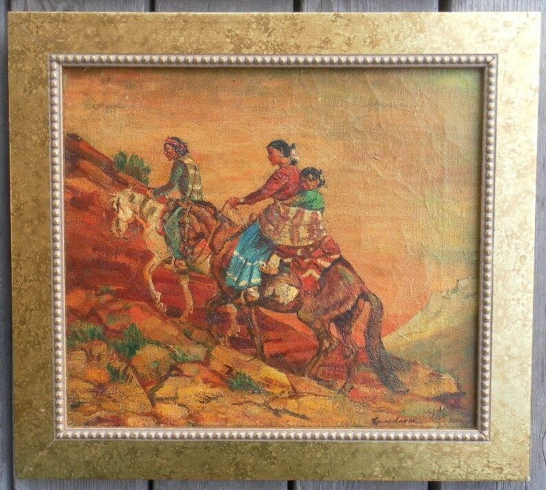 LOUIS LUNDEAN (1894-1961) AMERICAN OIL PAINTING WESTERN INDIANS HORSEBACK SIGNED