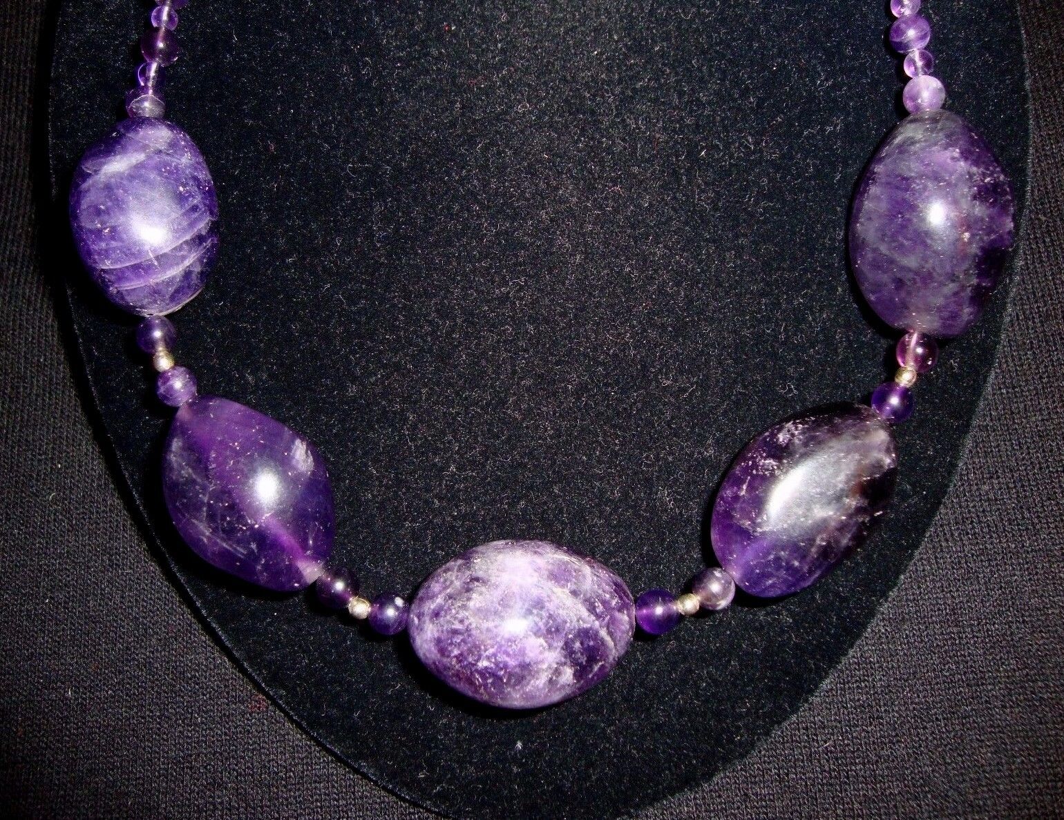 Barse 5 X-Lrg Polished Natural Amethyst Oval Beads Sterling Silver Necklace