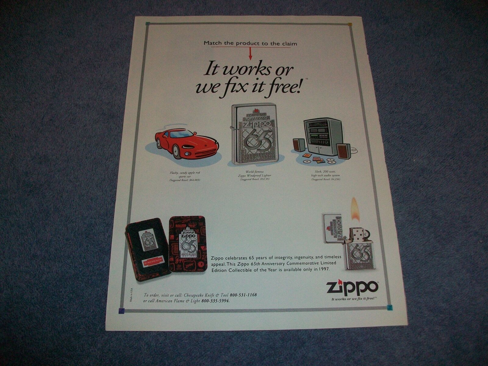 1997 Zippo Lighters 65 Years Ad \