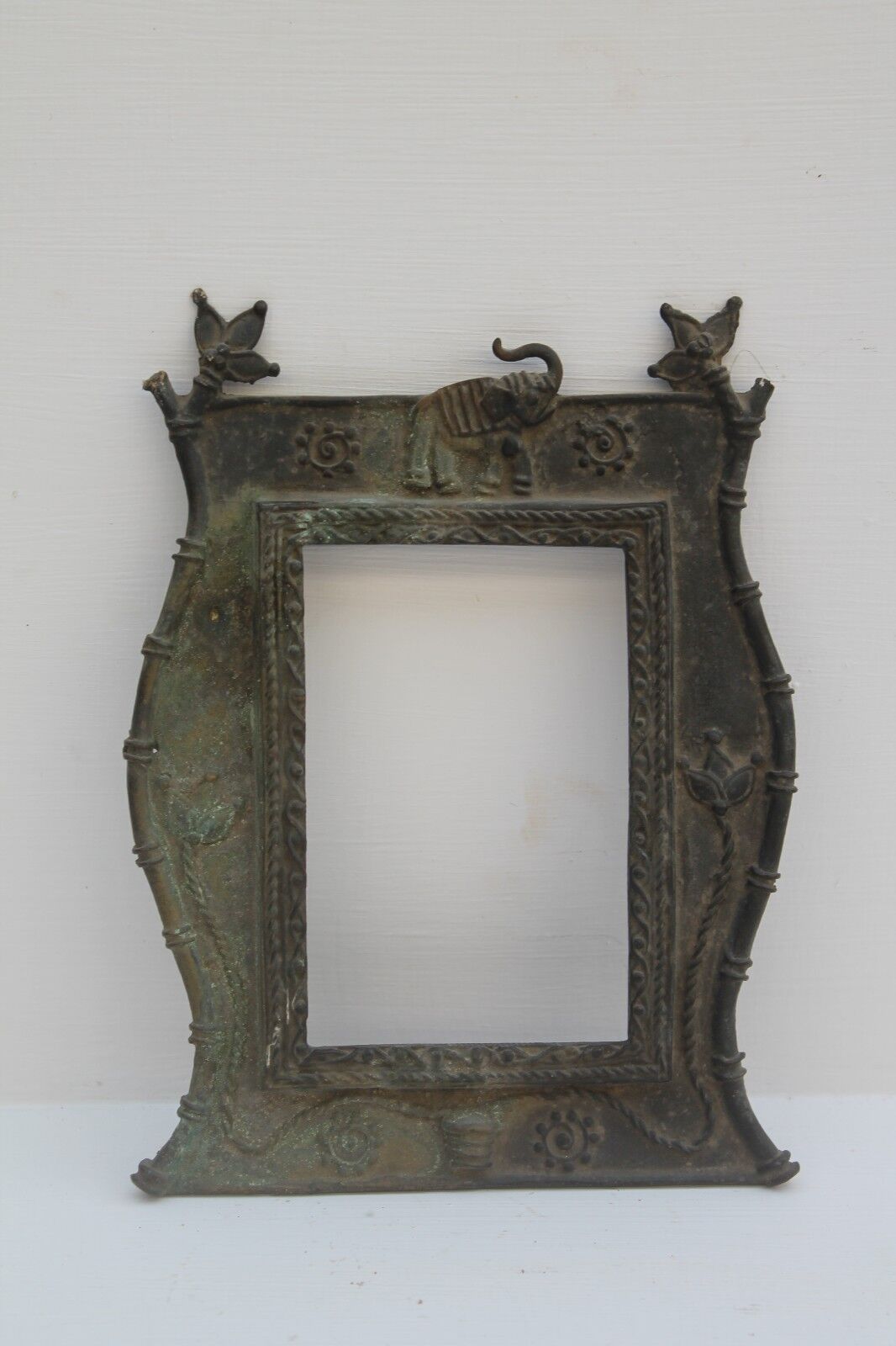 1900\'s Old Antique Solid Brass Flower Engrave Small Mirror / Photo Frame NH1209