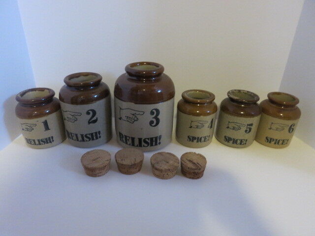 6 Piece Vintage Relish/Spice Stoneware Jars with Cork Lids