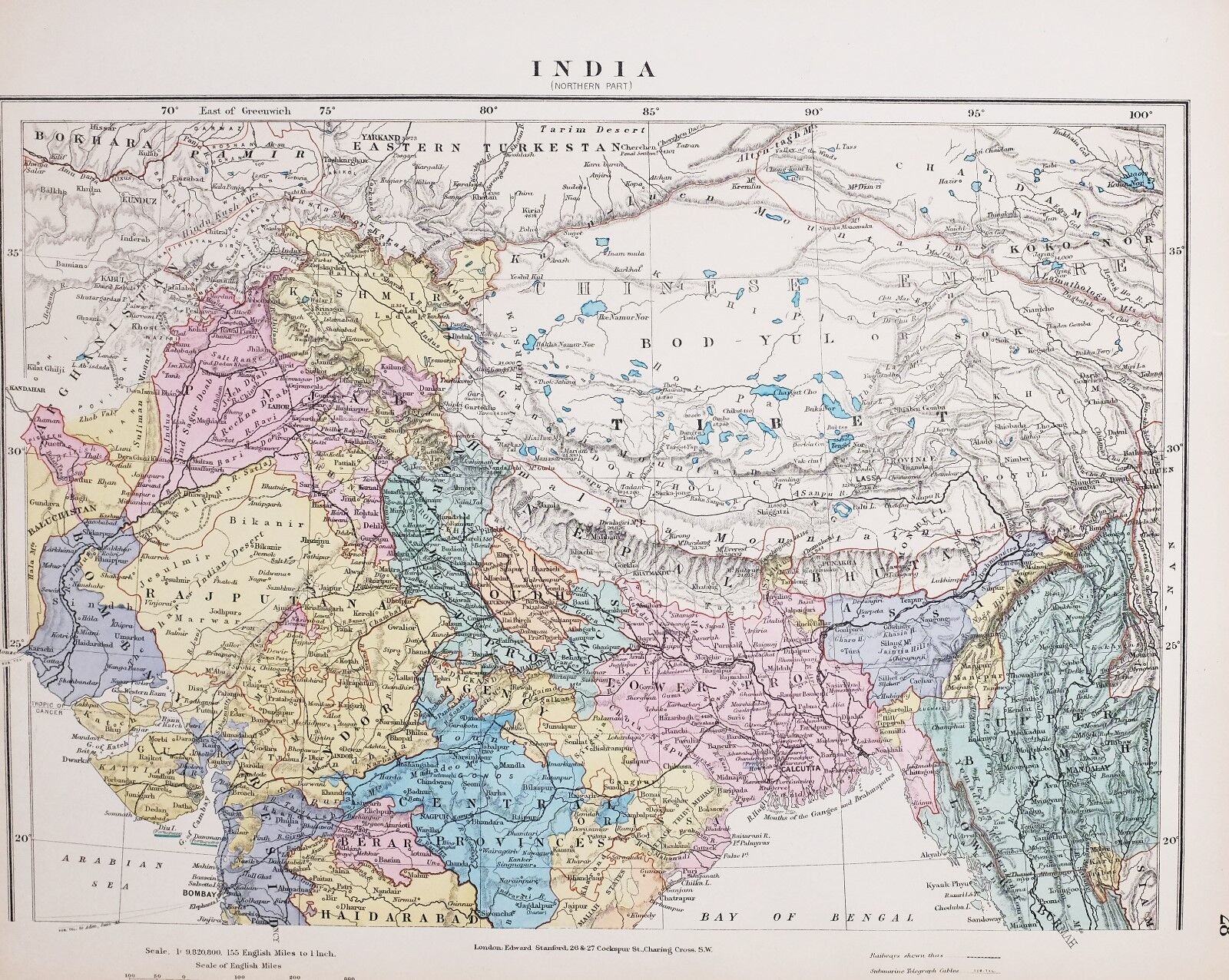 STANFORD\'S 1889 HAND COLOURED MAP NORTHERN INDIA RAJPUTANA OUDH KASHMIR PANJAB