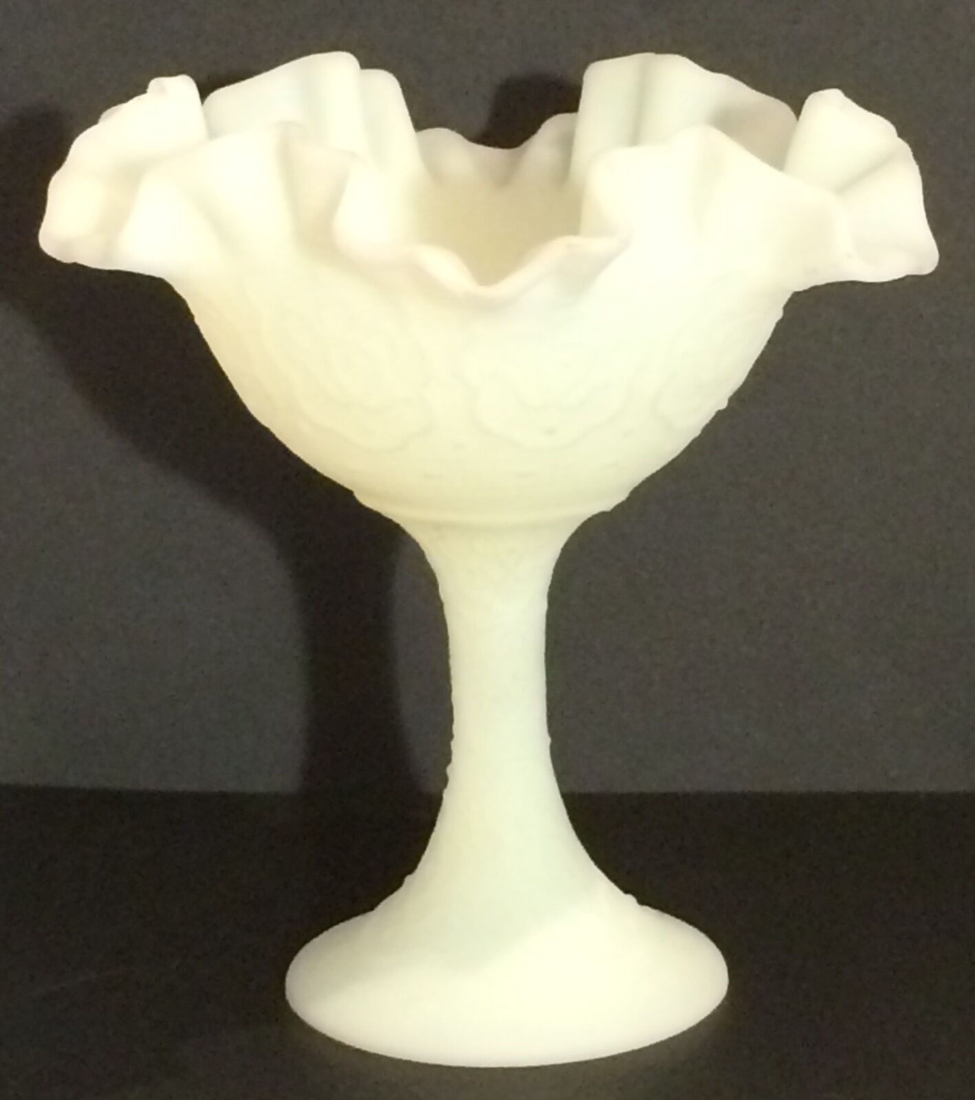 Vintage Fenton Custard Glass Footed Ruffled Compote, Persian Medallion