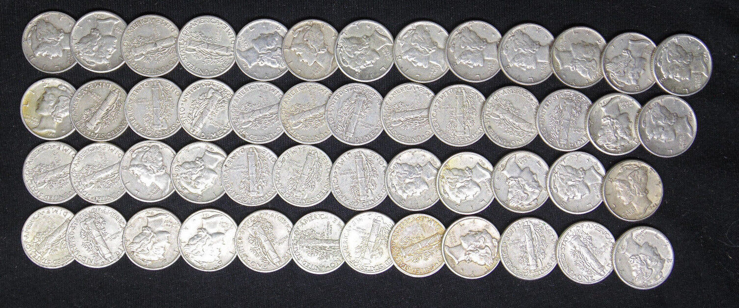 MERCURY DIMES MIXED DATE EXTRA FINE XF - ABOUT UNC AU FULL ROLL 50 SILVER COINS