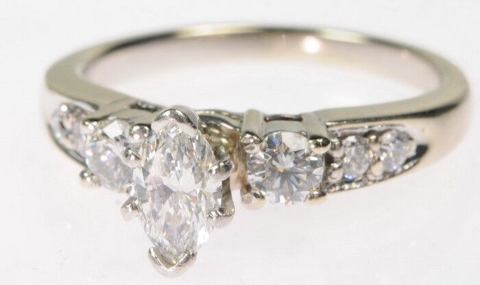 14K White Gold 1CTW IGI Marquise Solitaire Diamond Accented Band Engagement Ring