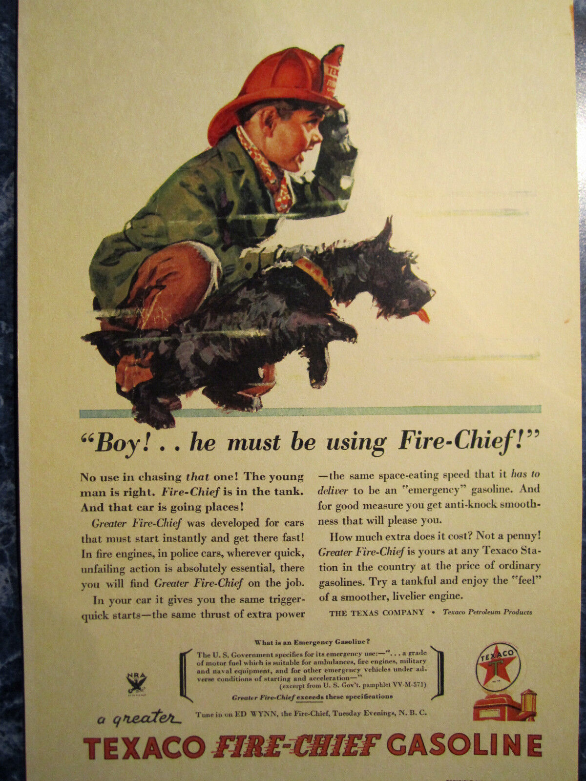 Vintage 1934 TEXACO FIRE-CHIEF GASOLINE W BOY & PUPPY Advertising Color Sign/Ad