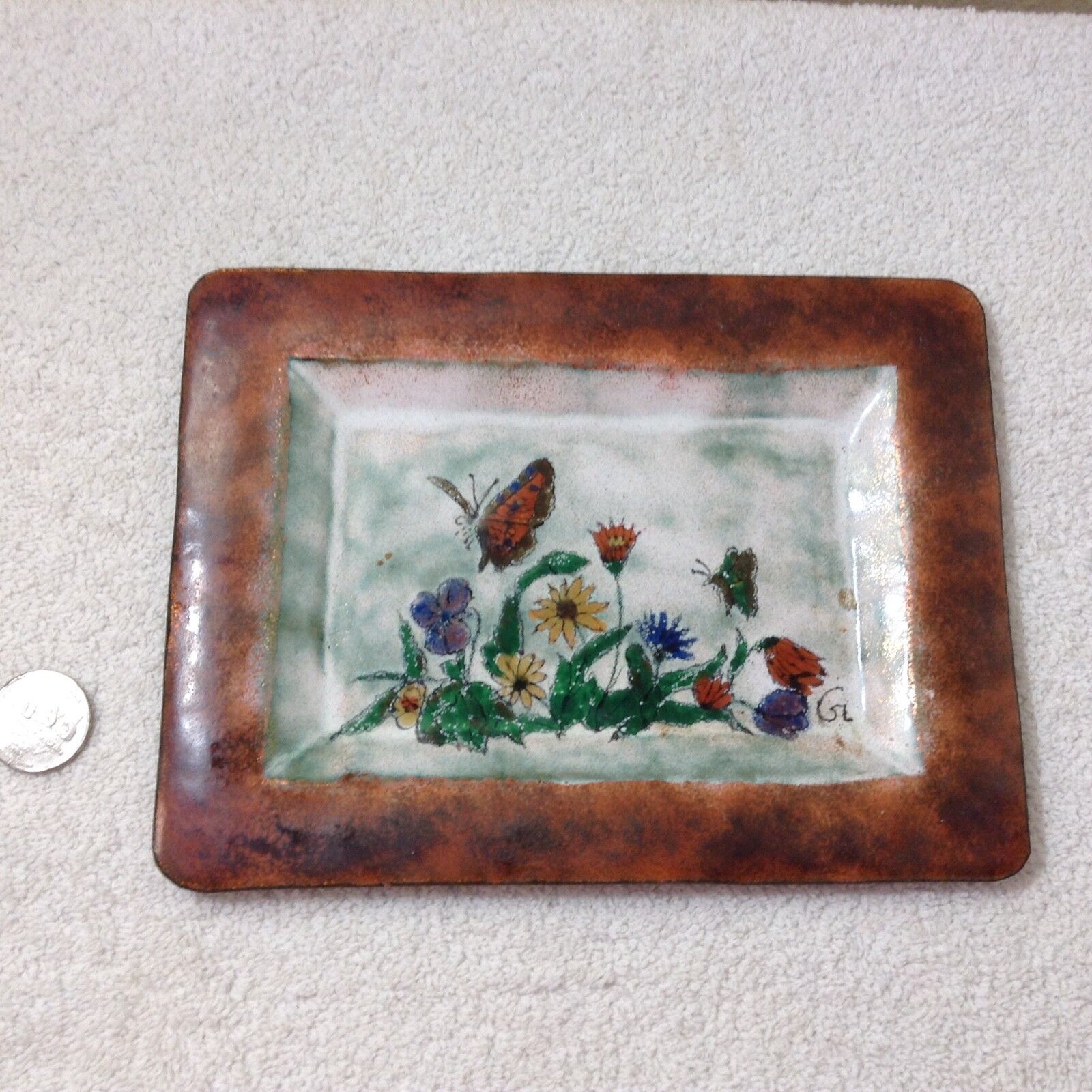 Vintage Mid Century ENAMEL ON COPPER DISH Plate Handcrafted butterfly 8\