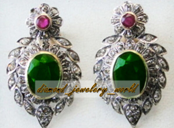 Artdeco Estate 2.57cts Rose Cut Diamond Ruby Emerald .925 Silver Earring Jewelry
