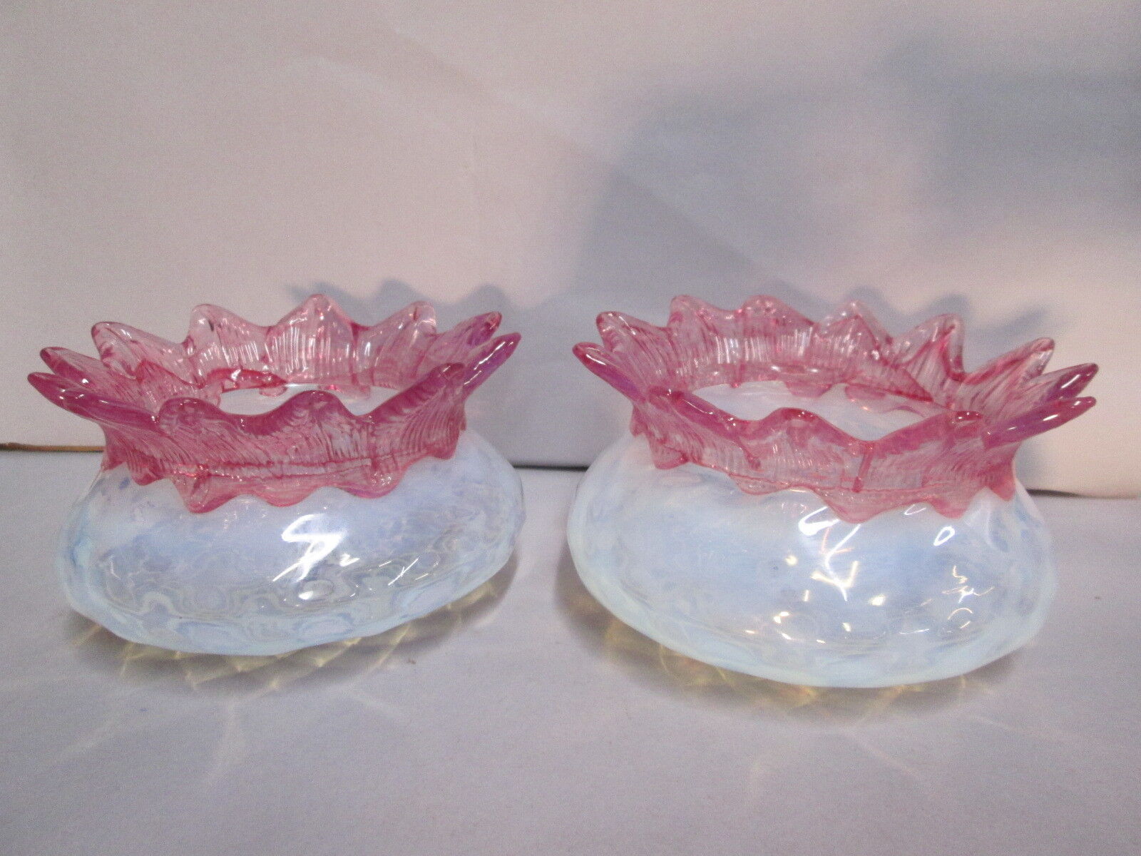 Vintage Antique Pair Murano Glass Bobeches Opal and Cranberry Glass 5 1/2\