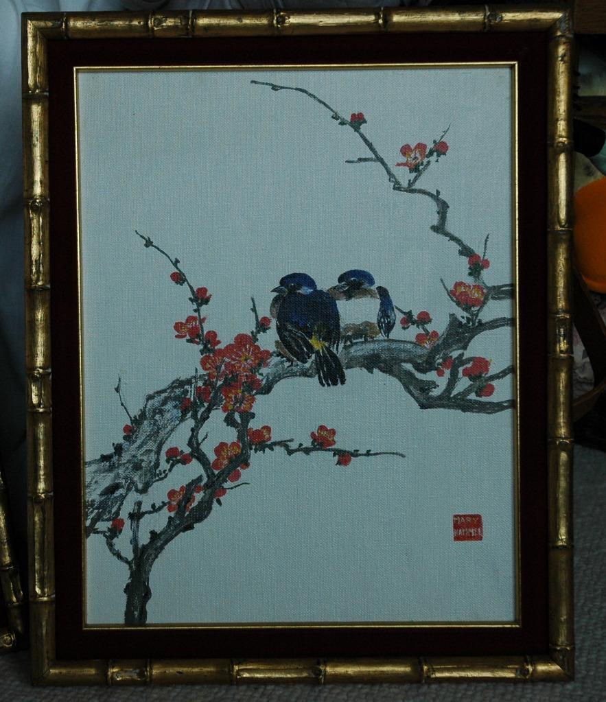 Oil on Canvas Board of 2 Blue Birds On A Cherry Blossom Branch by Mary Hammel