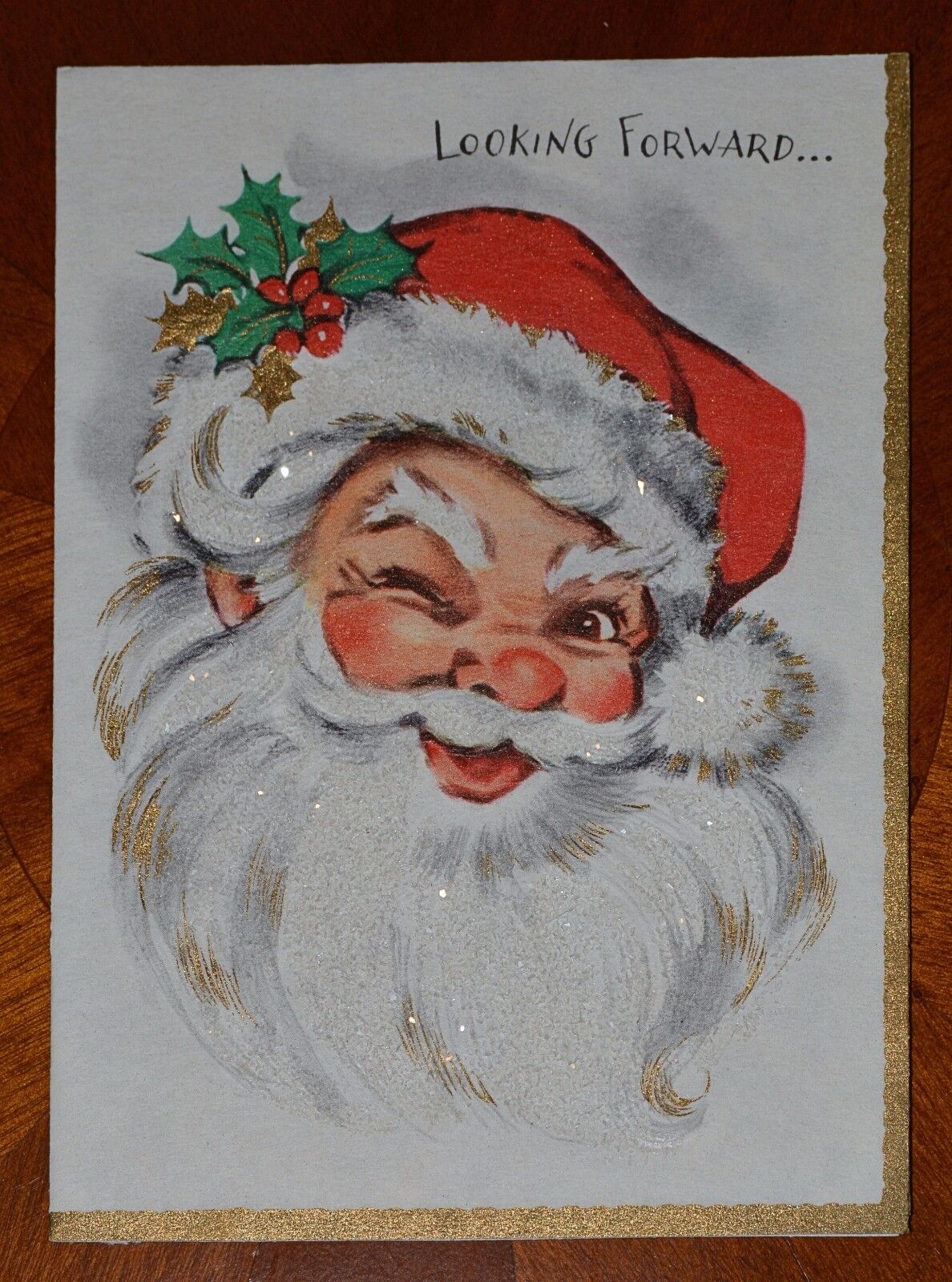 Vintage UNUSED Christmas Card GLITTER WINKING SANTA CLAUS Envelope