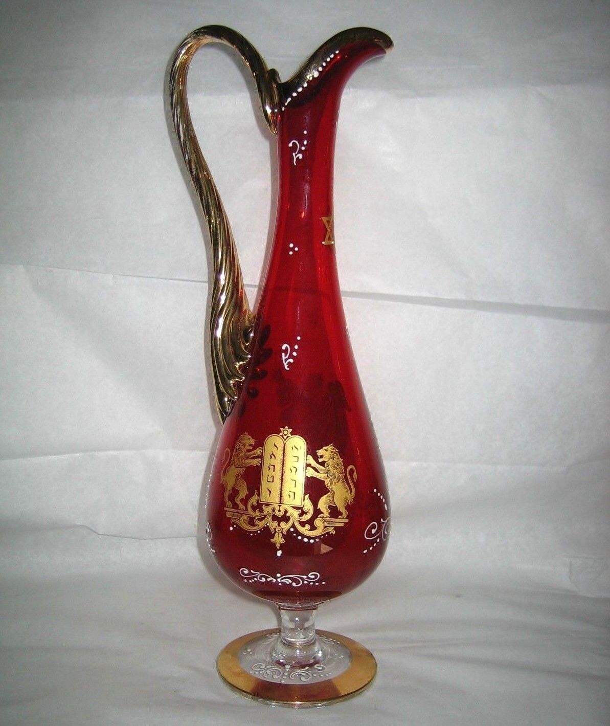 VTG JUDAICA RUBY RED & GOLD GLASS PITCHER Passover MURANO stemware star of david
