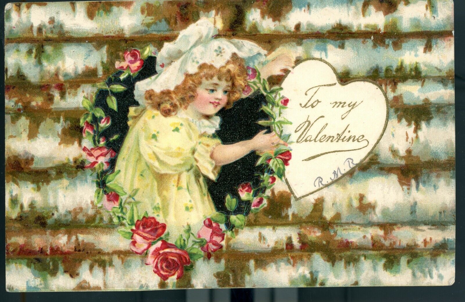 Valentine\'s Postcard 1907 embossed To My Valentine Very colorful young girl
