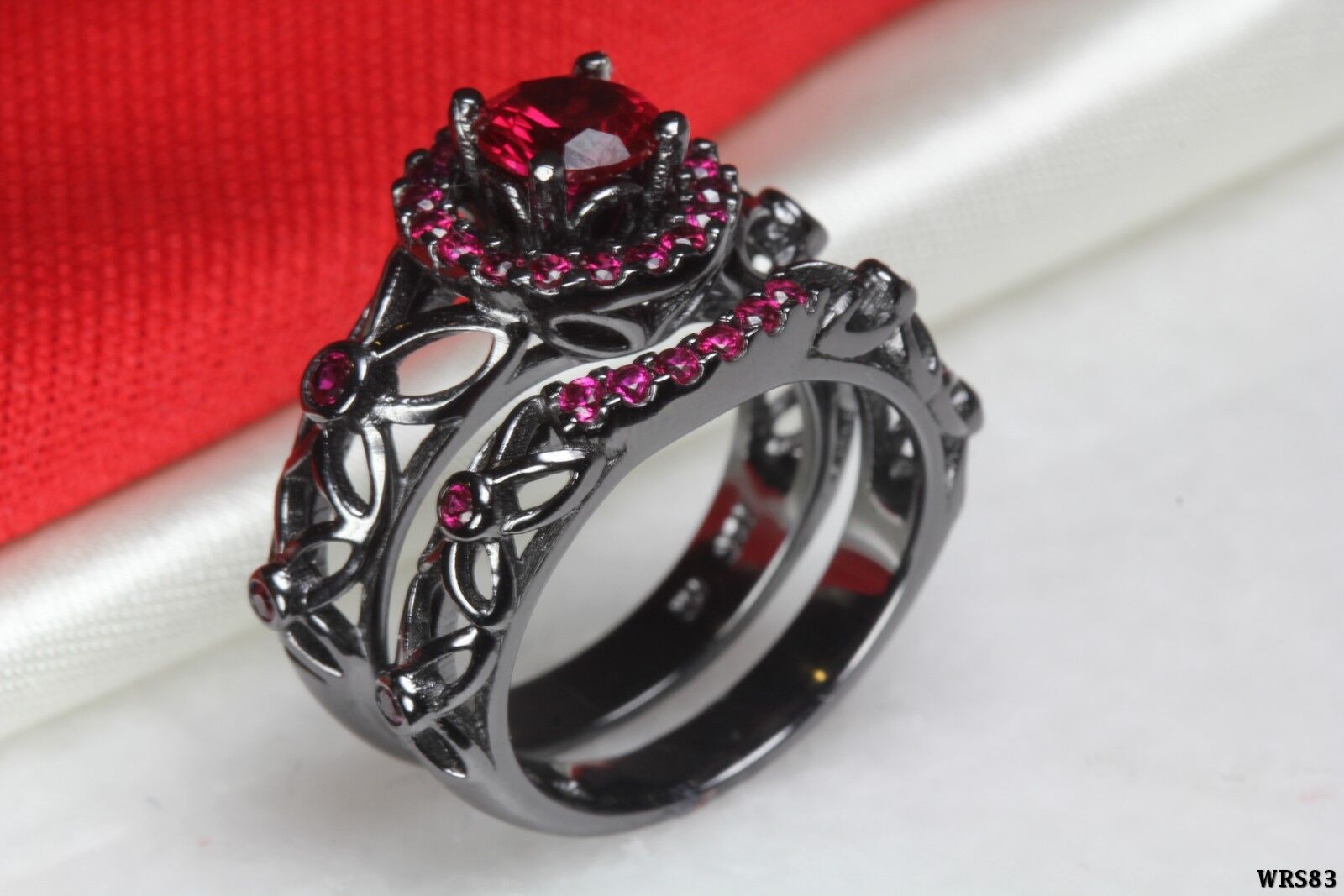 Pink Sapphire Nickel Free Black Rhodium Fairy Tale Engagement Bridal Ring Set
