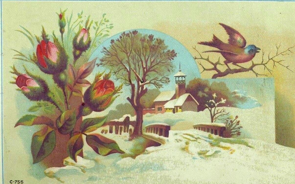 1870\'s John Hunt Rag Carpet Weaver Winter Scene Snow Bird Church Roses &O