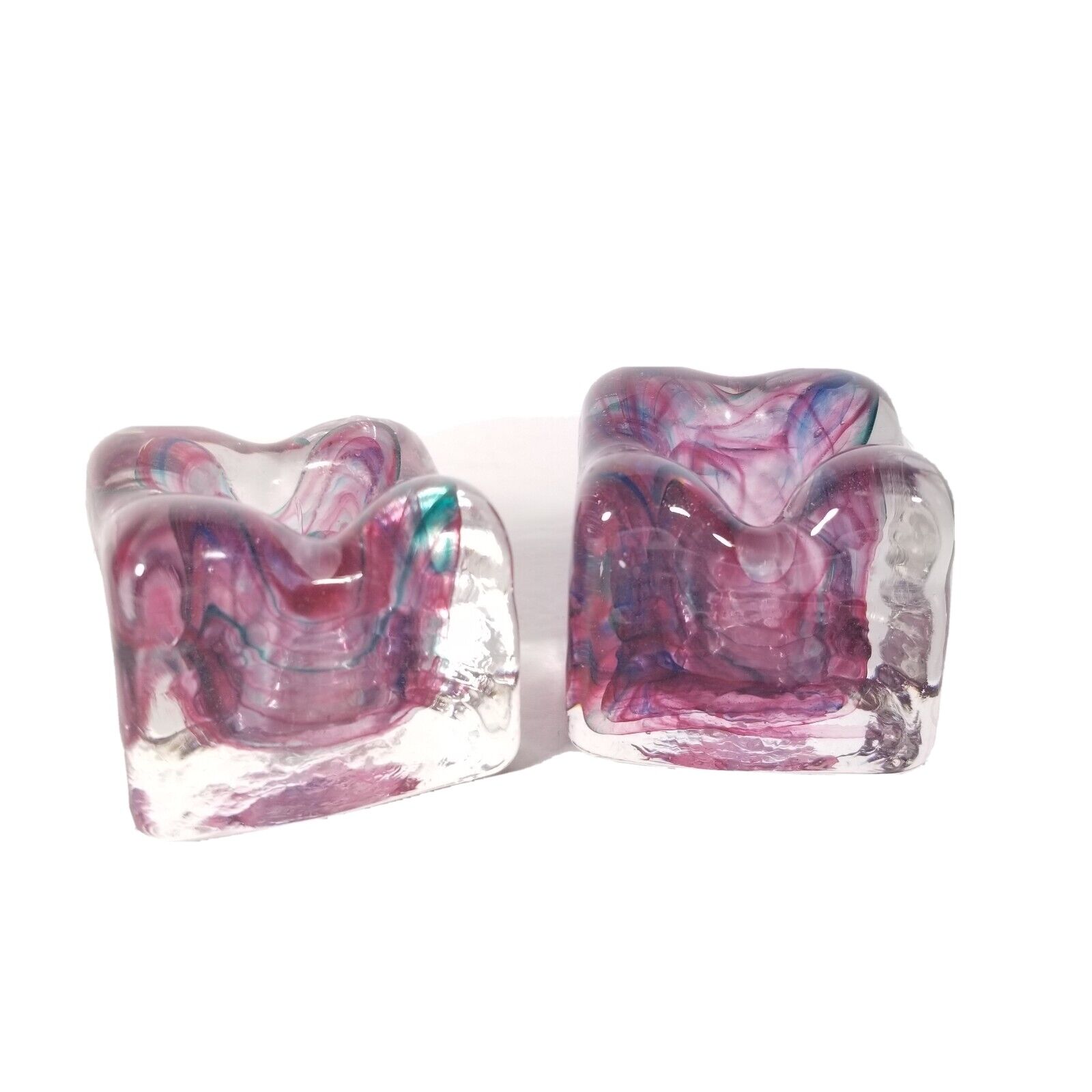 Adrian Sankey Studio Art Glass Candle Stick Holders Pair Set Taper Swirl Pink