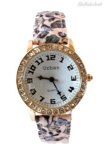 New Ladies Floral PU Leather Strap Japanese Movement Analog Gold Wrist Watch