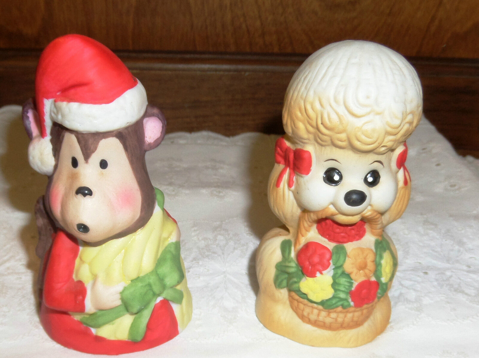 2 Vintage Jasco Bells Monkey Santa & Poodle Dog Christmas Bells/Ceramic/Bisque