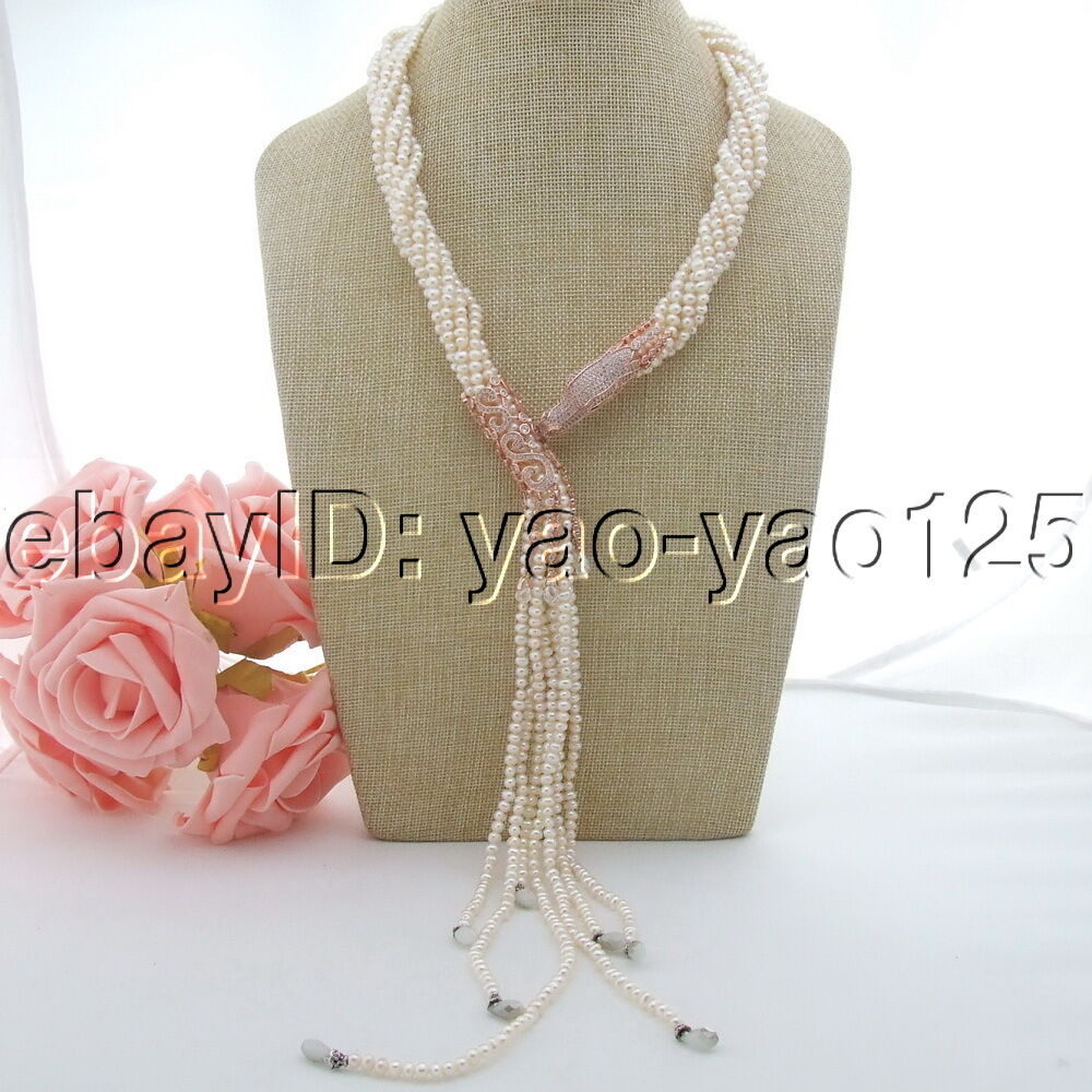 Multi Strands White Pearl Onyx Agate Jade Necklace Cz Pendant