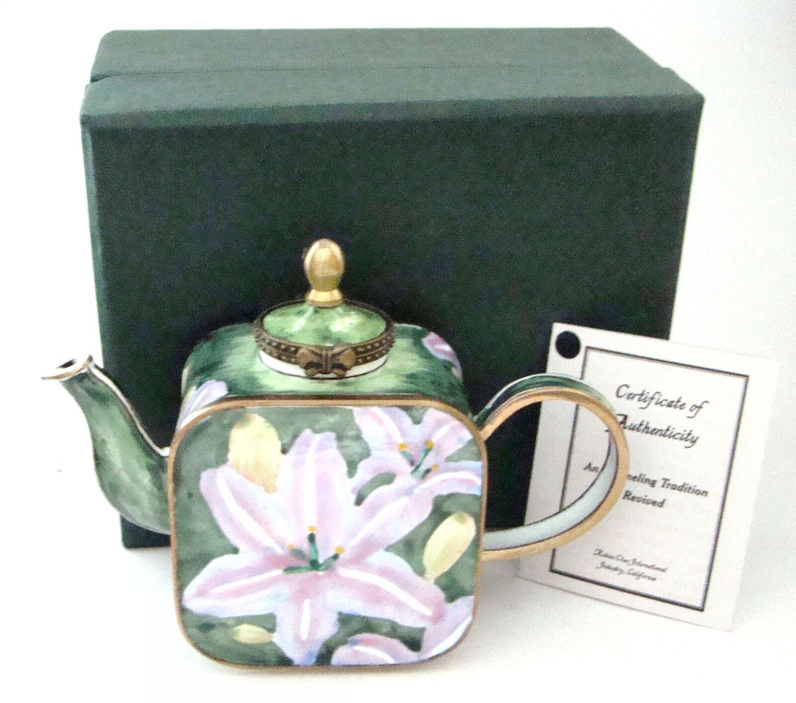 KELVIN CHEN Enamel Hinged Miniature Teapot Asiatic Lilies ENK732