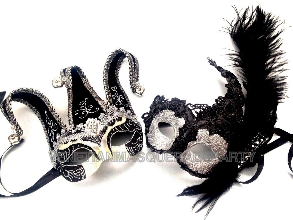 Couple Masquerade Ball Mask Jester Black Silver Lace Wedding Dance Prom Party