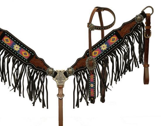   Showman ® Beaded headstall and breast collar with black fringe. 