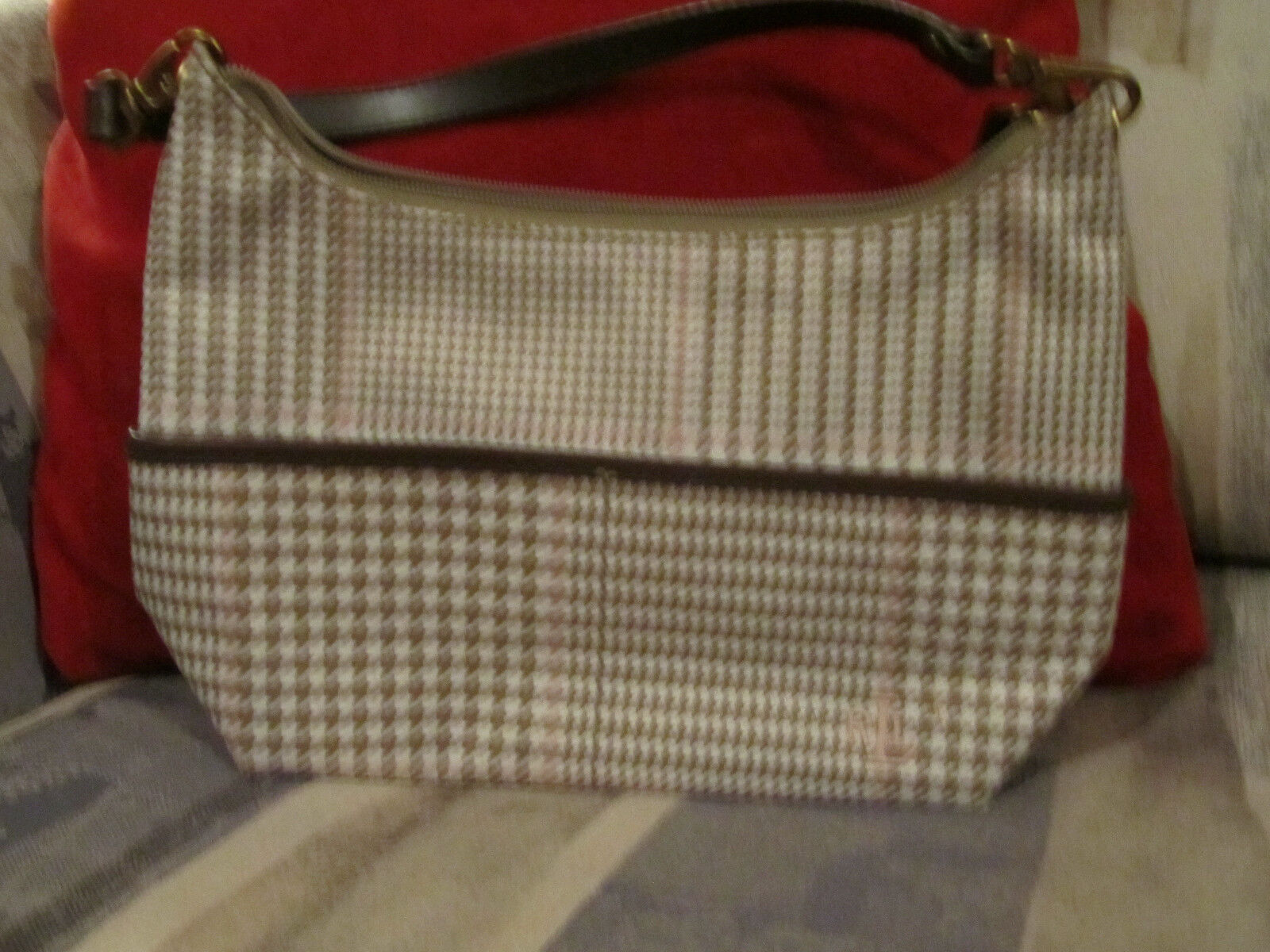 Lauren Ralph Lauren Handbag tan/brown/ivory/pink houndstooth pattern Purse