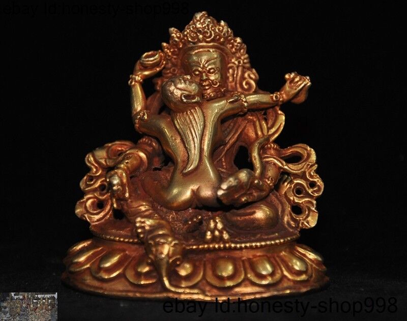 old Tibet bronze 24k gold Gilt wealth god Sex Love Yellow Jambhala Buddha statue