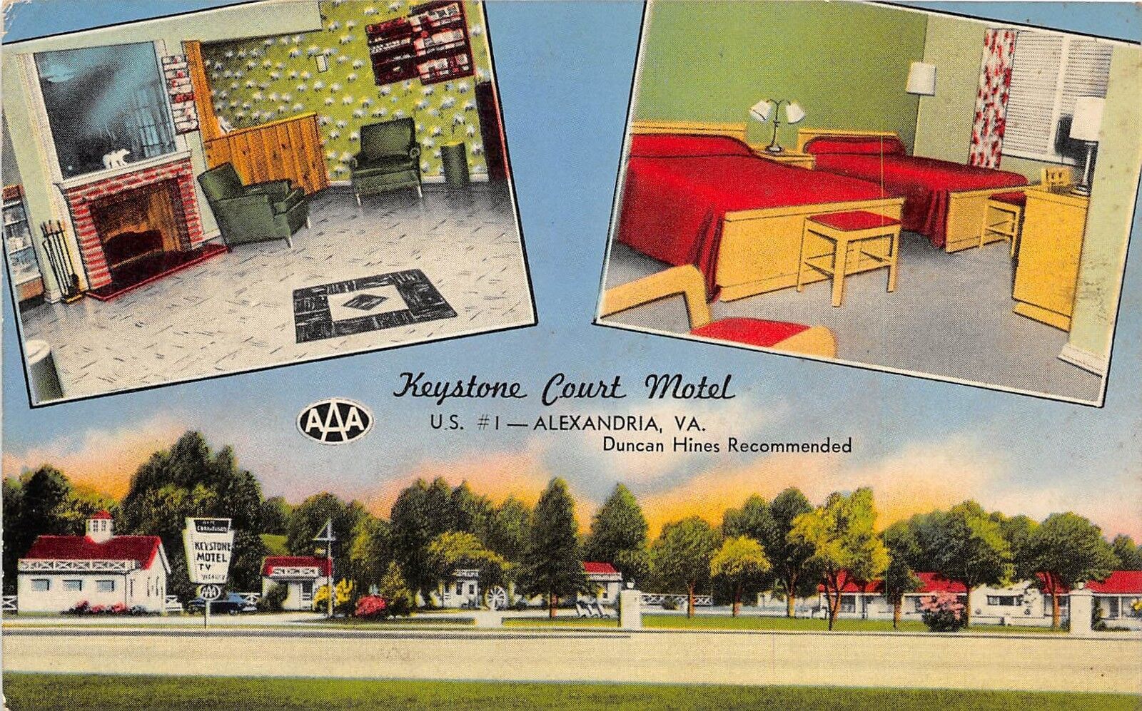 C77/ Alexandria Virginia Va Postcard c40s Roadside Keystone Court Motel 3View