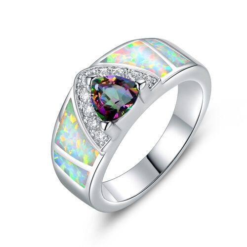 18K White Gold Plated White Lab Created Fire Opal and mystic, white topaz Ring